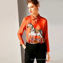 Spring 2019  new women  lapel long-sleeve printed retro silk shirt slim silk blouse
